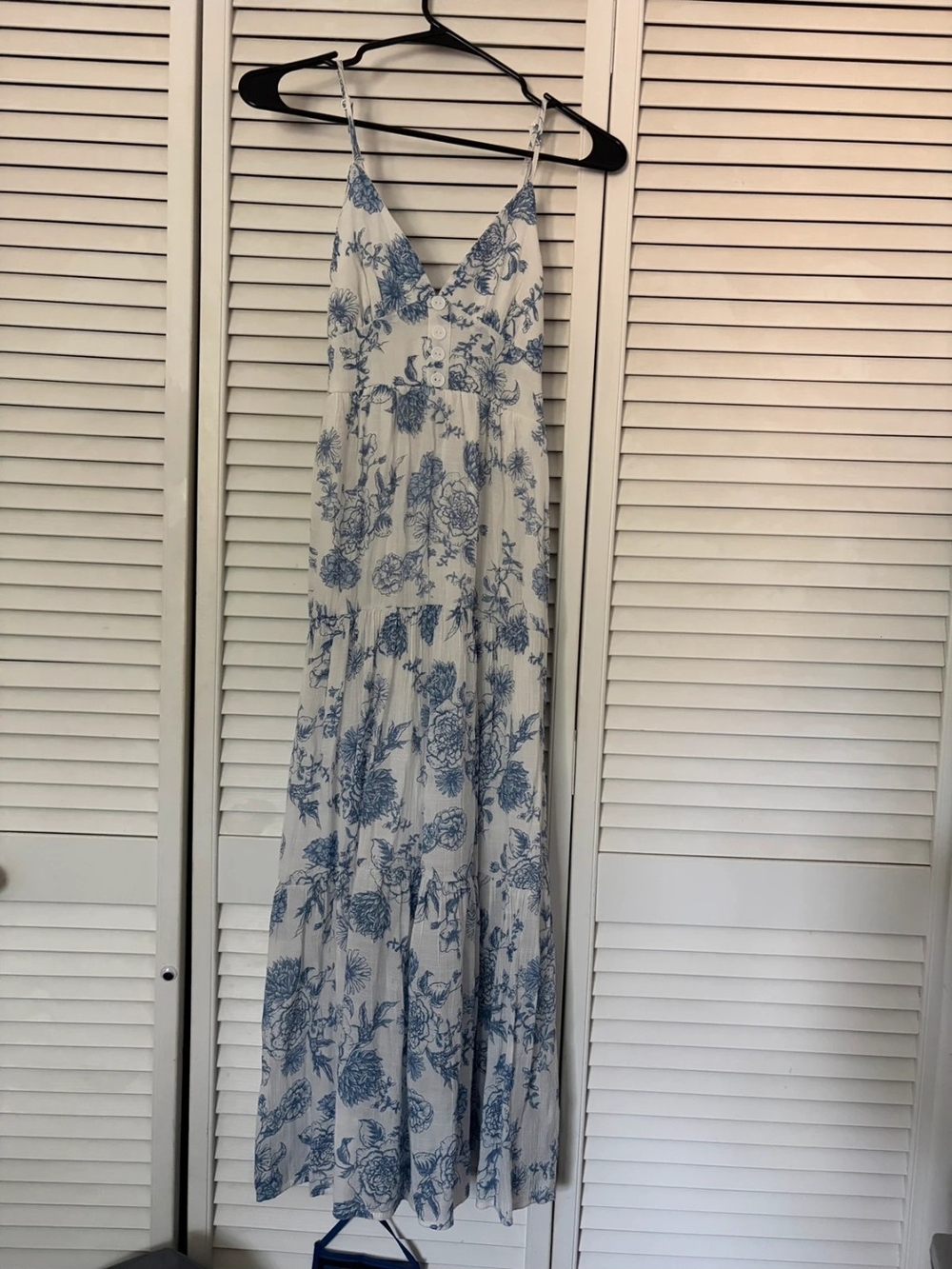 White Maxi Dress with Blue Floral Print
